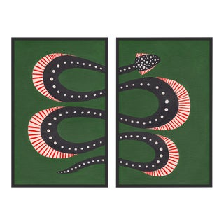 Zucchini the Snake Diptych by Willa Heart in Black Framed Paper, Small Art Print For Sale