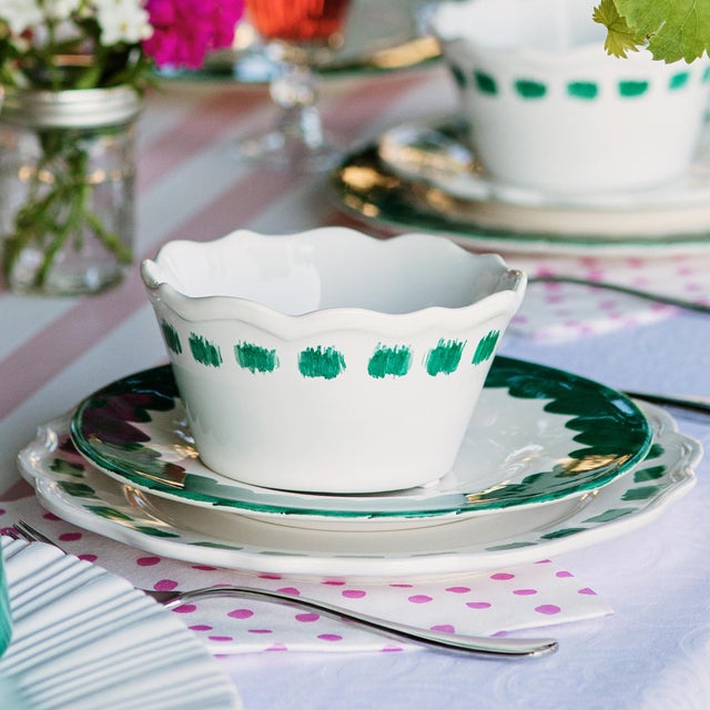 Create a confident, colorful table with the Lisbon Green Brushstroke Salad Plate as your starting point. Made to be mixed...