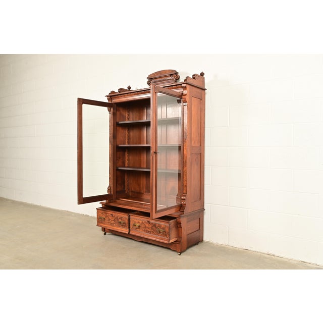 Herter Brothers Style Antique Eastlake Victorian Carved Burled Walnut Bookcase, Circa 1880s For Sale In South Bend - Image 6 of 13