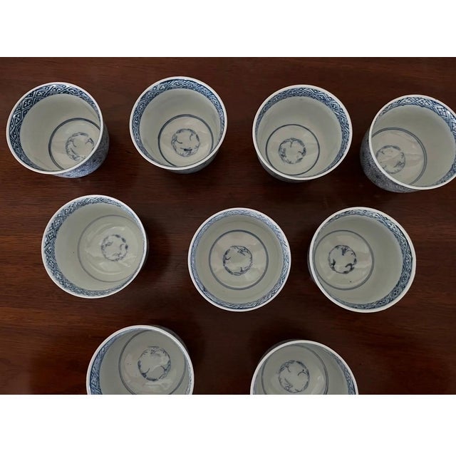 Antique Blue and White Japanese Teacups - Set of 9 - Mizinkarakusa Intricate Designs For Sale - Image 12 of 15