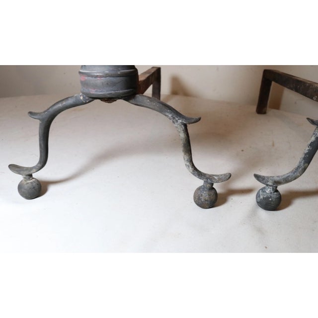 Traditional Pair 18th Century Turned Peened Brass Wrought Iron Georgian Andirons 1700's For Sale - Image 3 of 12