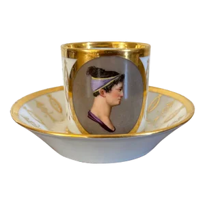 Antique Early 19th Century French Empire Paris Porcelain Coffee Can Cup and Saucer With Classical Portrait