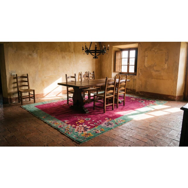 1920s Pink Floral Antique Chinese Art Deco Rug 8'9" X 11'8" Handknotted Wool Carpet For Sale In New York - Image 6 of 8