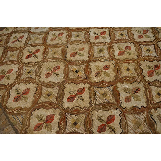 American 1890s Beige Floral Rustic Folk Art Antique American Hooked Rug 5'4" X 6'4" Handknotted Wool Carpet For Sale - Image 3 of 5
