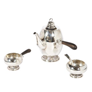 1940s Alan Adler Sterling Silver & Walnut Modernist Hand Wrought Serving Coffee Set- 4 Pieces For Sale