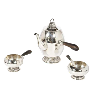 1940s Alan Adler Sterling Silver & Walnut Modernist Hand Wrought Serving Coffee Set- 4 Pieces