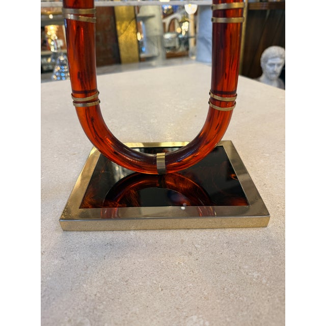 Plastic Italian Tortoiseshell Lucite and Brass Double Candlestick, 1970s For Sale - Image 7 of 7