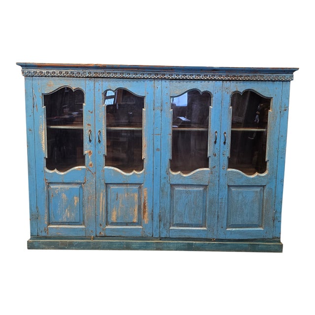 1980s Rustic Hand Carved Blue Four Door Sideboard For Sale