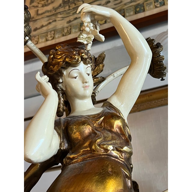 Vintage Spelter Female Figure Lamp With 4 Glass Ruffled Shades For Sale - Image 4 of 11