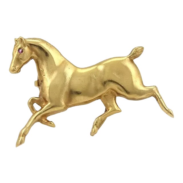 Ruby Horse 14k Yellow Gold Brooch Pin For Sale