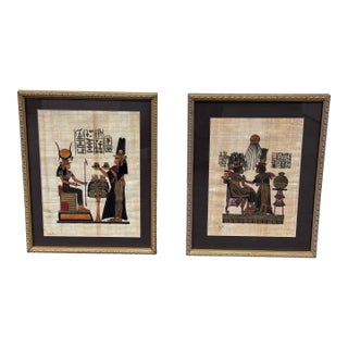 Hand Painted + Framed Ancient Egyptian Papyrus, Set of Two For Sale