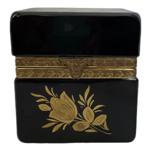 Early 20th Century Vintage Bohemian-Style Black Glass Box With Gold Decoration