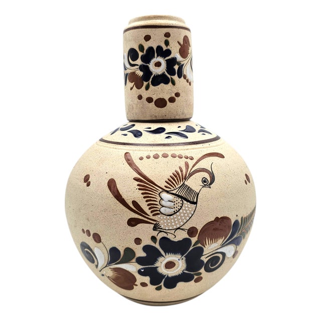 Tonalá Mexican Folk Art Pottery Water Jug With Cup Lid, 12.5 For Sale