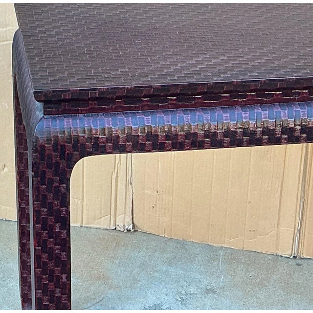 1970s Asian Modern Grasscloth Wrapped Ming Style Console Tables Att. Baker Furniture For Sale - Image 5 of 12