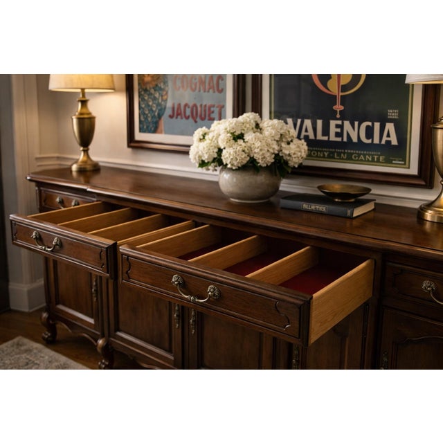 Early 20th Century French Provincial Walnut Sideboard Buffet With Pull-Out Serving Slide — Carved Cabriole Legs, Original Key For Sale - Image 4 of 11