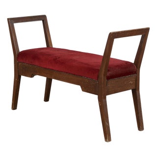 Small Wooden Bench Upholstered in Red Art Deco Velvet, 1940s For Sale