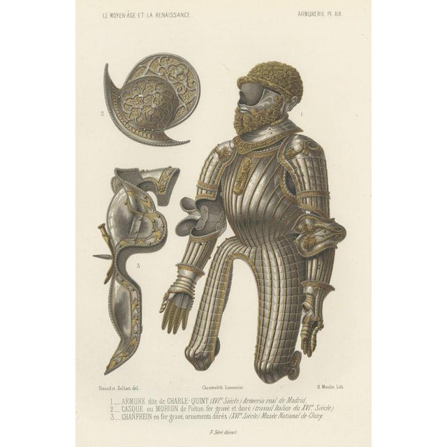 H. Moulin, Armor of Charles the Fifth, Morion and Chanfron, 1851, Chromolithograph For Sale - Image 9 of 9