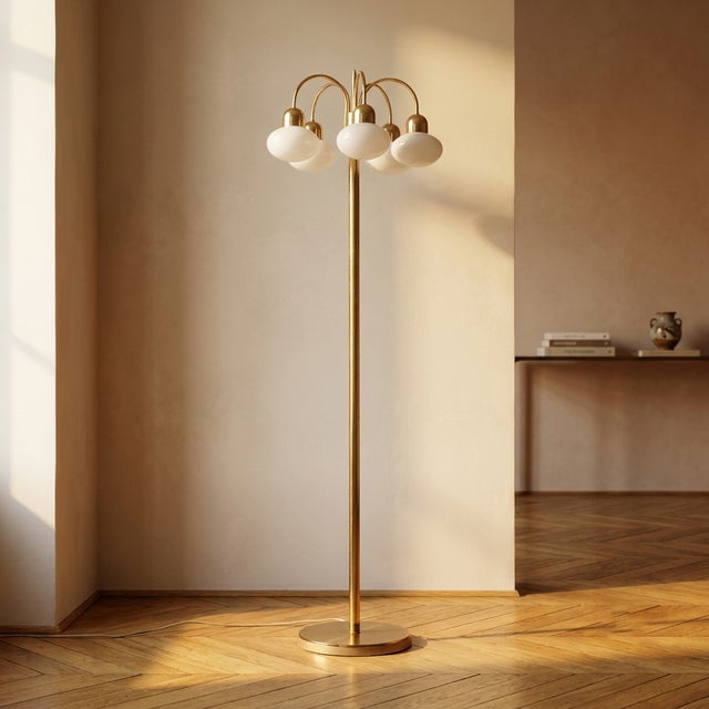 Vintage Brass Floor Lamp with Five Opaline Glass Shades, 1950s For Sale - Image 9 of 9