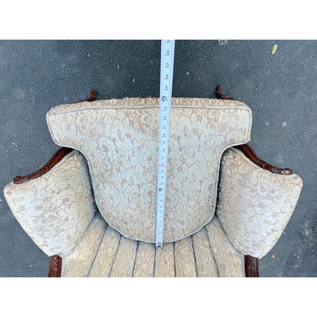 Early 20th Century Hollywood Regency Carved Mahogany Stained Wood Barrel-Back Lounge Chair For Sale - Image 12 of 17