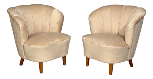 Asko, Finnish Modern, Lounge Chairs, Beige Velvet, Beech, Finland, 1950s