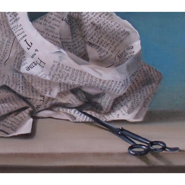 Everyone's Favorite Game by Kelly Birkenruth | Oil on panel Still life with newspaper, rock, and scissors For Sale - Image 4 of 5