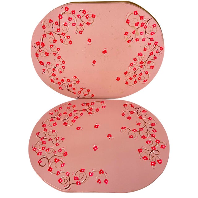 Wood Vintage Whimsical Hand-Painted Cherry Blossom Placemats, Mixed Blush & Bronze, Set of 7 For Sale - Image 7 of 12