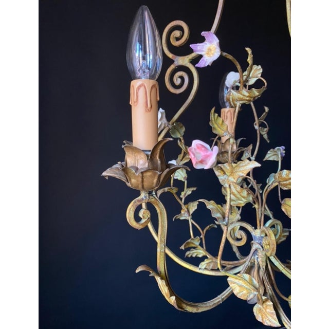Forest Green Iron and Ceramic Chandelier, 1960s For Sale - Image 8 of 12