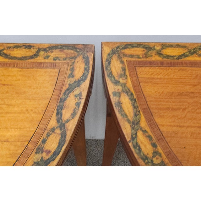 Late 18th Century Pair of George III Floral Wreath Painted Crossbanded Satinwood Demilune Card Tables For Sale - Image 17 of 18