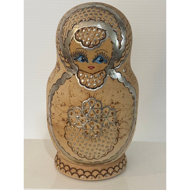 Signed Soviet Russian Matryoshka Nesting Doll Set W/ Pyrography Decor 6.25” Tall For Sale - Image 4 of 12