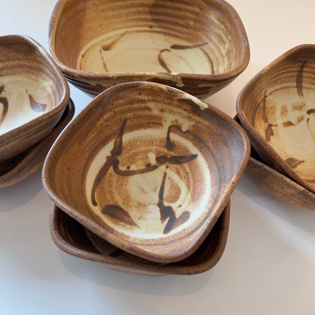 Vintage Handcrafted Studio Pottery Serving Bowls in Warm Brown Glaze, Signed Skul, Set of 7 For Sale - Image 9 of 15