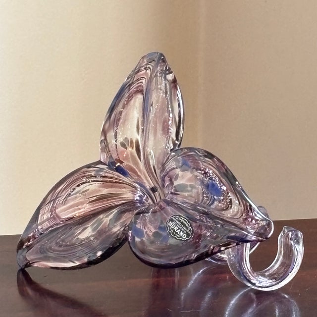 A stunning vintage Murano art glass sculpture depicting an elegant stylized flower with three sculptural petals rising...