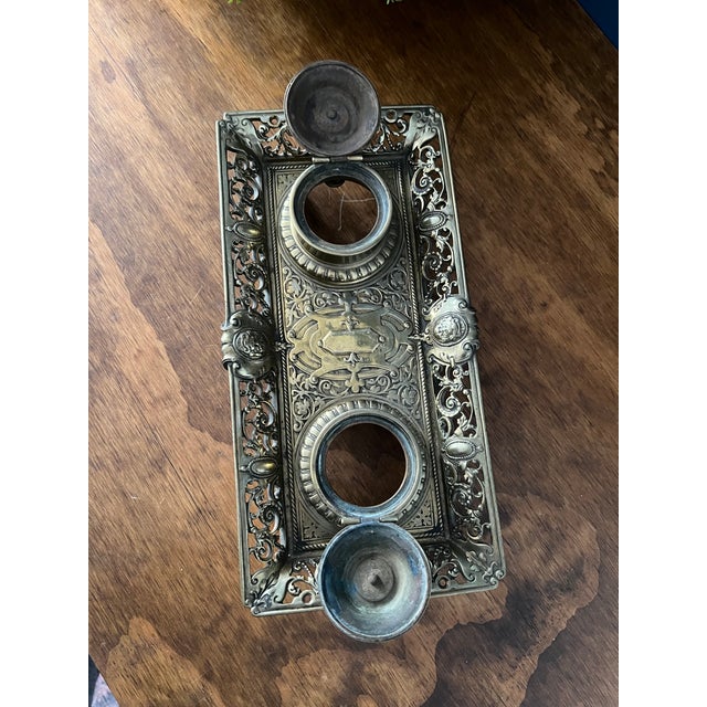 Metal Antique Brass Double Inkwell Stand For Sale - Image 7 of 18