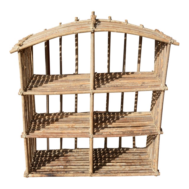 Vintage Rustic Twig Wood & Rawhide Arched Wall or Floor Shelf Shelving For Sale