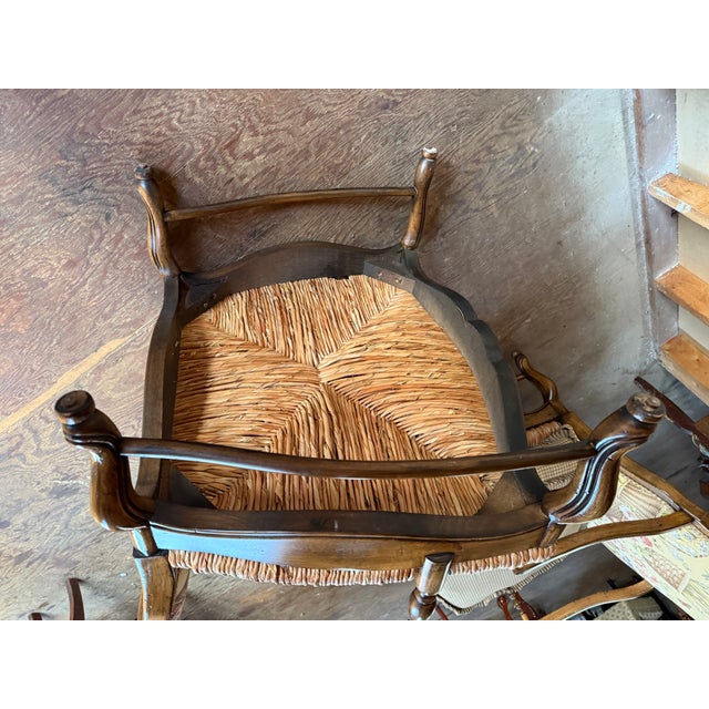 Late 20th Century Pair of Louis XV Floral Motif Upholstered Rush Seat Lounge ArmChairs With Ottoman For Sale - Image 11 of 16