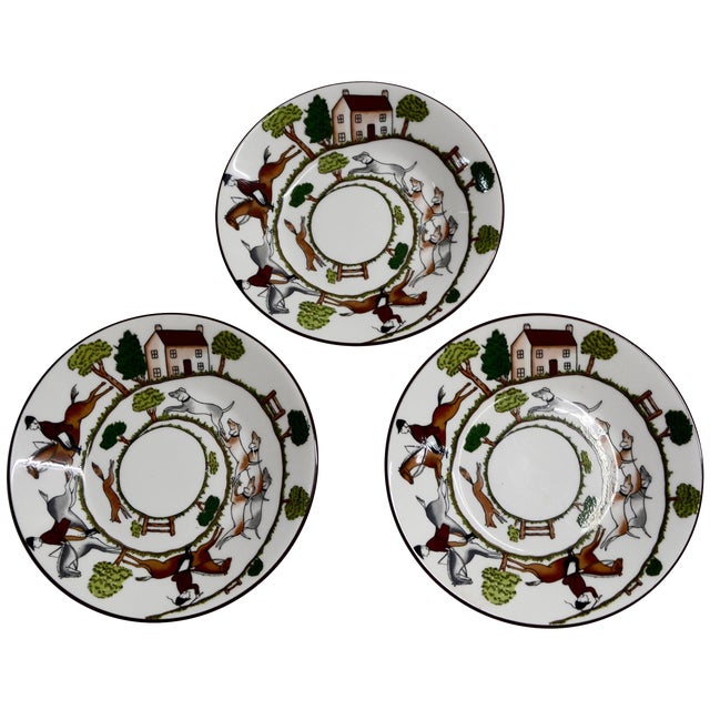 Wedgewood Coalport Hunting Scene Set of Three Bread and Butter Bone China Plates For Sale
