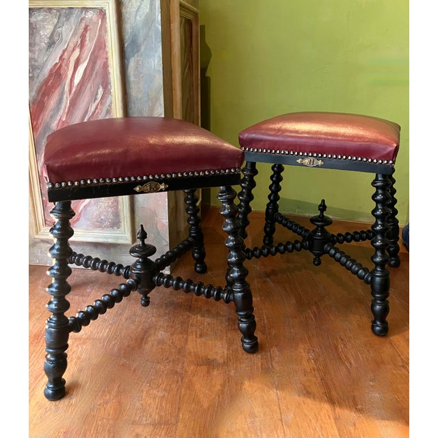 Antique Ebonized Twisted Legs Stools with Burgundy Studded Leather Seats, 1890s, Set of 2 For Sale - Image 10 of 16