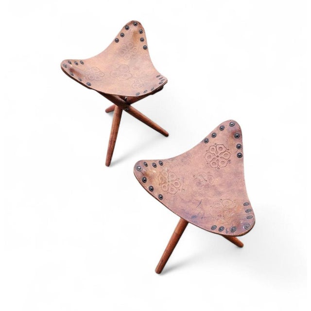 Vintage Tooled Leather Tripod Chairs, Set of 2 For Sale - Image 17 of 18