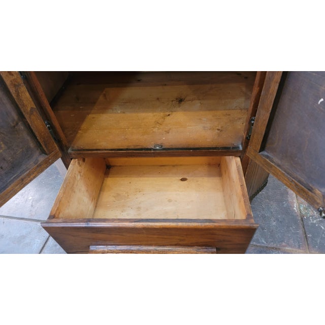 Wood Antique Maidsaver Lusty Hoosier Kitchen Cabinet Carved Oak With Stained Glass Doors For Sale - Image 7 of 12