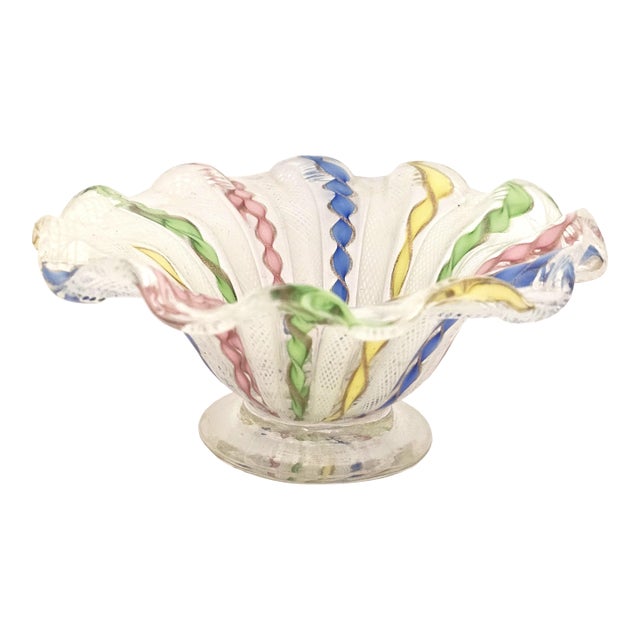 Murano Latticino Ribbon Art Glass Footed Bowl — Multicolor Gold Fleck, Italy For Sale