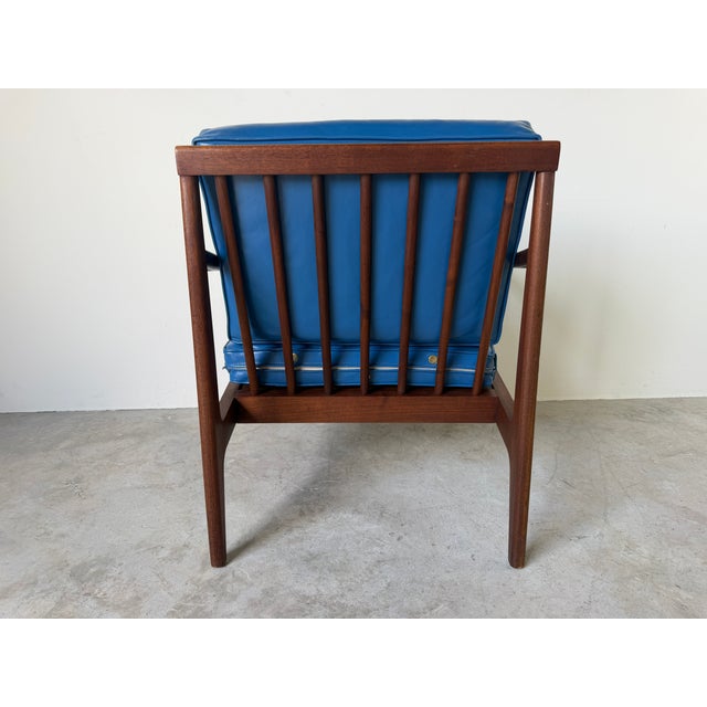 Mid Century Ib Kofod Larsen Style Scandinavian Lounge Chair With Blue Leather Cushions For Sale - Image 12 of 18