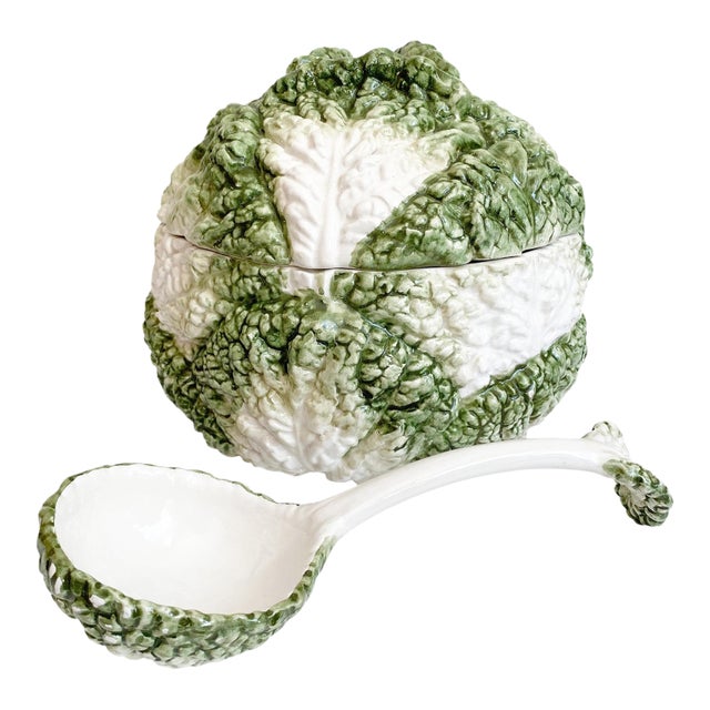Large Vintage Majolica Cabbage Lidded Soup Tureen & Ladle For Sale