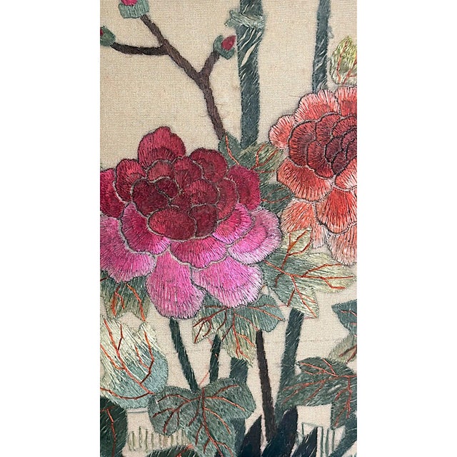 Antique Chinese Silk Embroidery Panel With Peacocks, Peonies, and Bamboo For Sale - Image 12 of 18