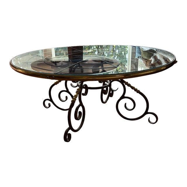 Mid-Century Maison Jansen Style Wrought Iron & Brass Round Glass Cocktail Table, C. 1960s For Sale
