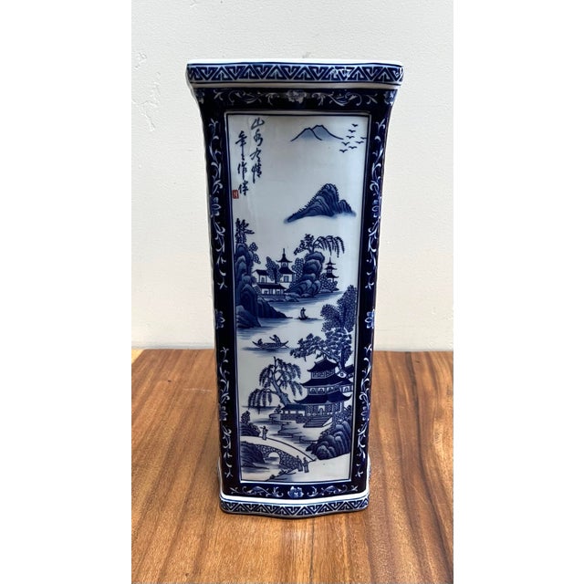 18” Tall Square Blue and White Chinoiserie Ceramic Vase For Sale - Image 4 of 10