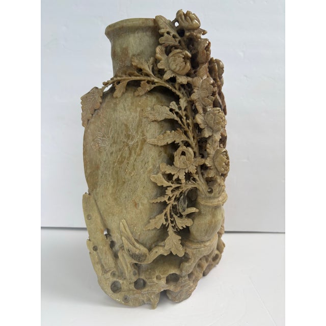 Mid 20th Century Mid 20th Century Chinese-Style Carved Soapstone Vase With Birds & Flowers For Sale - Image 5 of 12