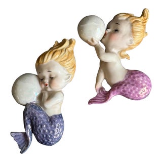 Vintage Norcrest Mermaid Bubble Wall Plaque Pink Purple Baby Rare 1950s Retro For Sale