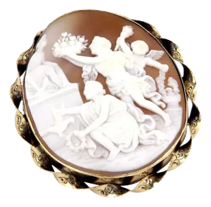 Shell Cameo Carved Greek Multi Figures 14k Yellow Gold Large Brooch