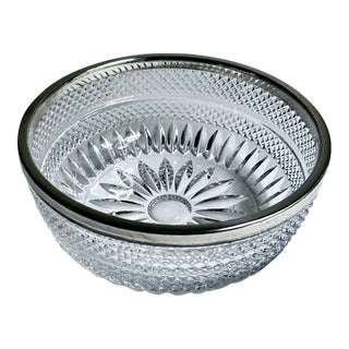 Mid 20th Century Stamped German Silver Plate Rimmed Clear Lead Crystal Serving Bowl For Sale