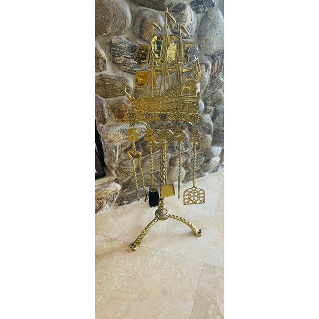 Coastal Antique Marine Coastal Heavy Brass Fireplace Tools Set- 6 Pieces For Sale - Image 3 of 10