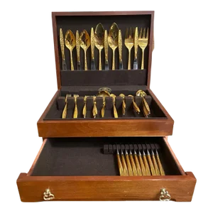 1950s Modernist Pattern Gold Plated Stainless Flatware Set of 92 by Reed and Barton